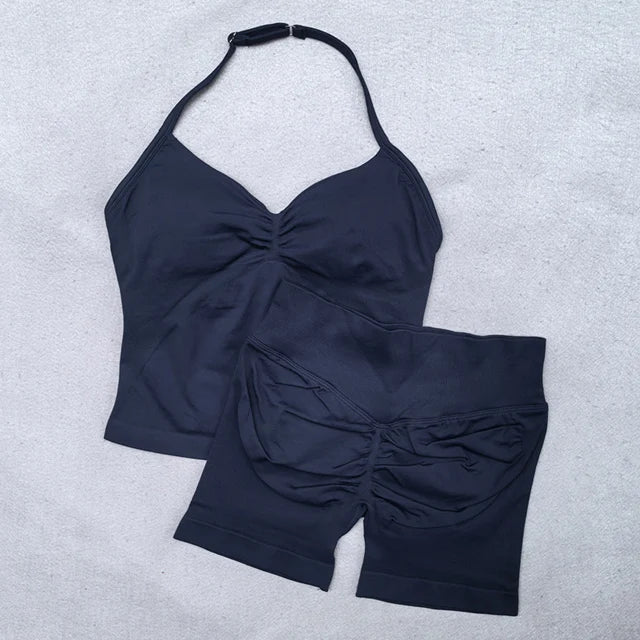 2 Pieces Women Yoga Set Seamless Adjustable Strappy Tank Top Scrunch Sports Shorts Gym Clothes Woman Summer Workout Outfits