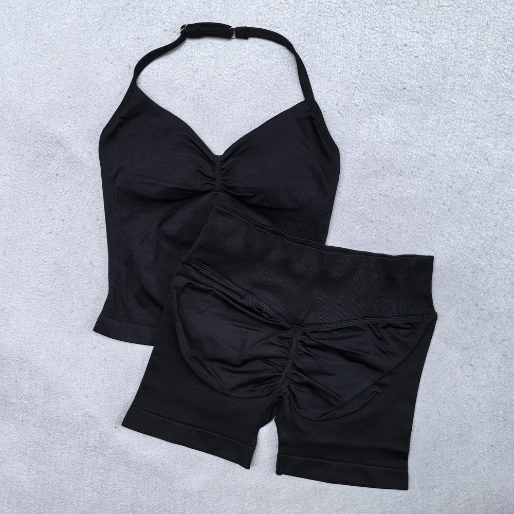 2 Pieces Women Yoga Set Seamless Adjustable Strappy Tank Top Scrunch Sports Shorts Gym Clothes Woman Summer Workout Outfits