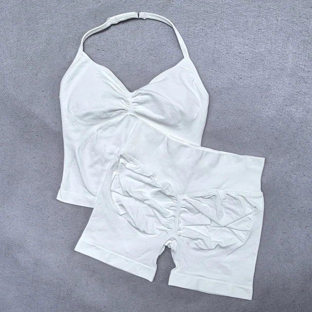 2 Pieces Women Yoga Set Seamless Adjustable Strappy Tank Top Scrunch Sports Shorts Gym Clothes Woman Summer Workout Outfits