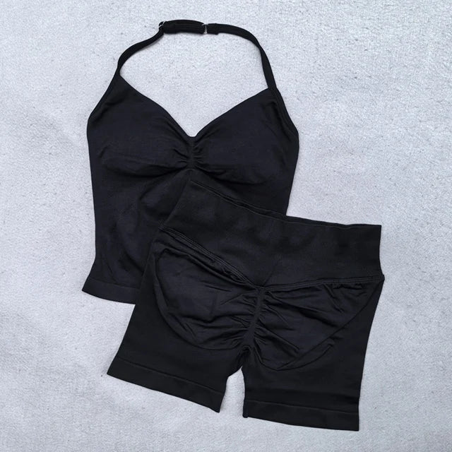 2 Pieces Women Yoga Set Seamless Adjustable Strappy Tank Top Scrunch Sports Shorts Gym Clothes Woman Summer Workout Outfits