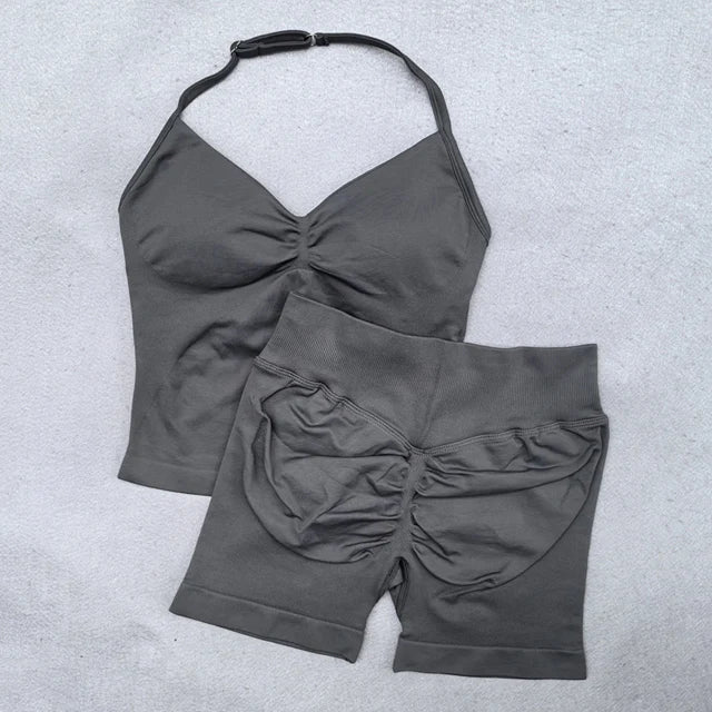 2 Pieces Women Yoga Set Seamless Adjustable Strappy Tank Top Scrunch Sports Shorts Gym Clothes Woman Summer Workout Outfits